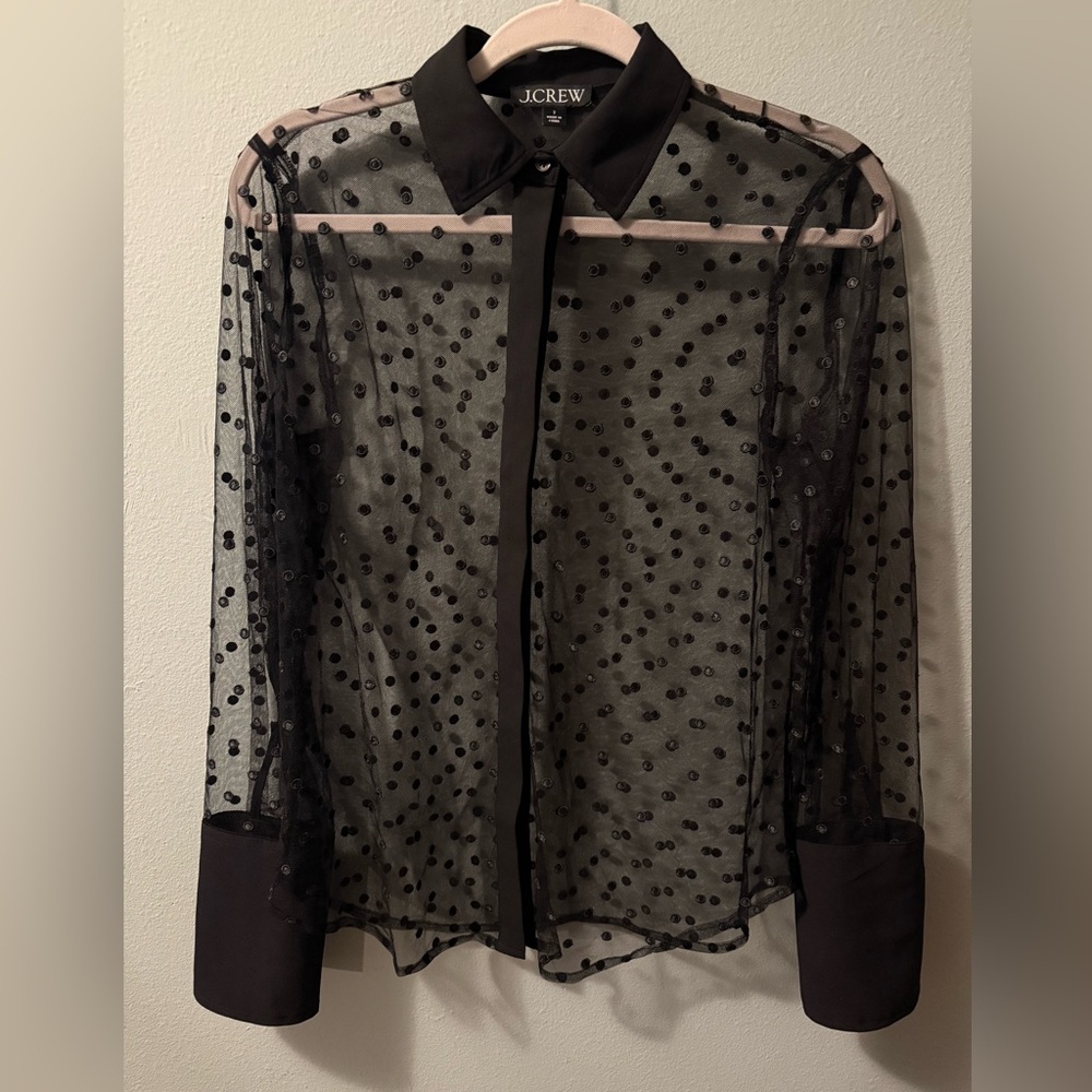 J. Crew Black Sheer Polka Dot Top